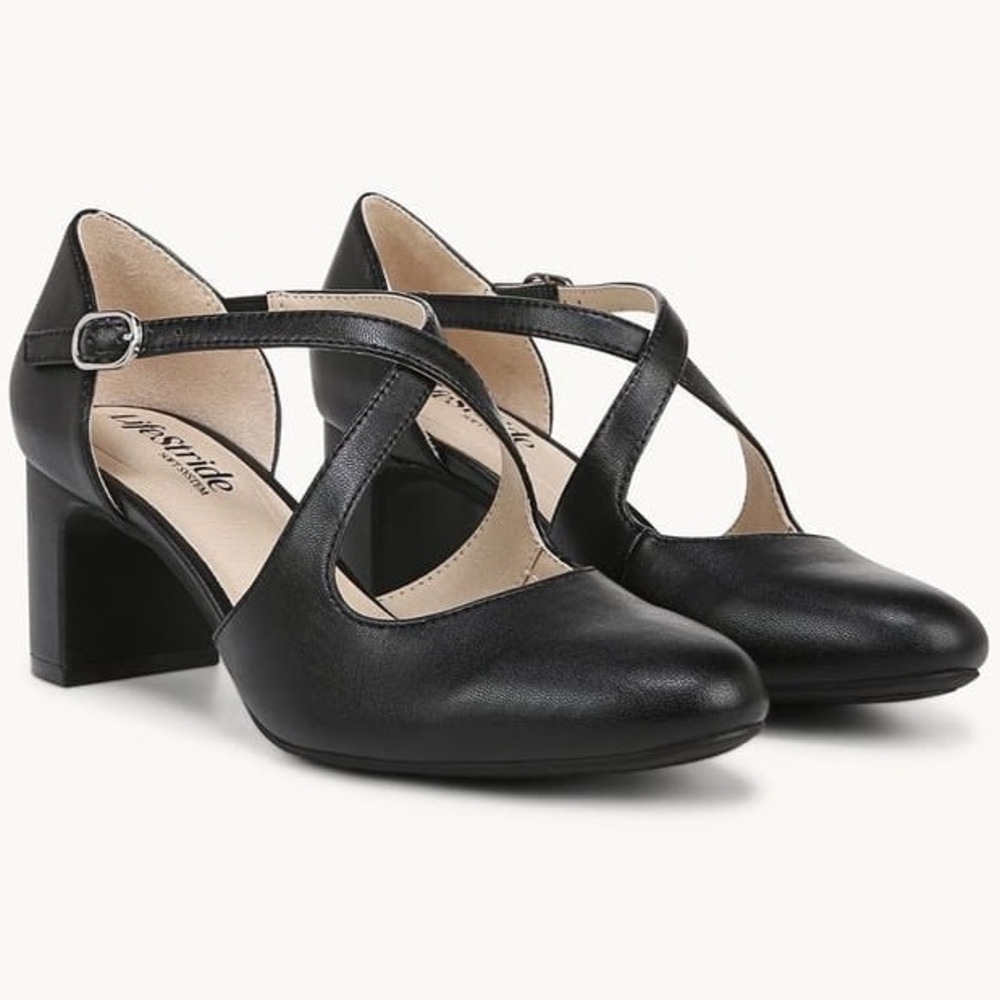 LifeStride Tracy Sz 11M Black Strappy Pump Faux Leather Block Heel Womens NEW